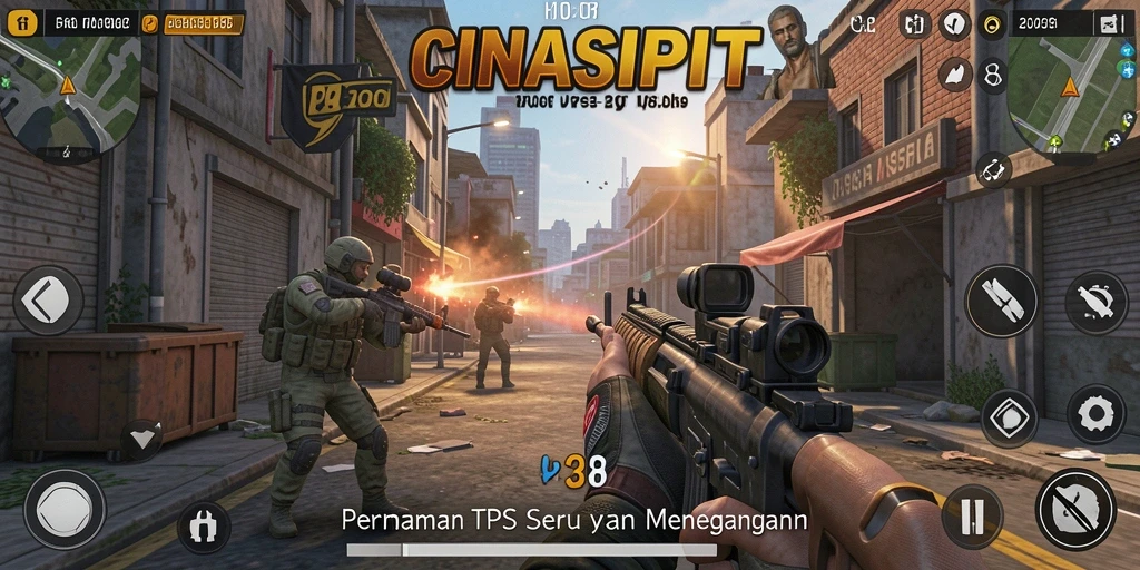 Tangkapan layar utama CINASIPIT menampilkan aksi menegangkan dalam mode TPS.