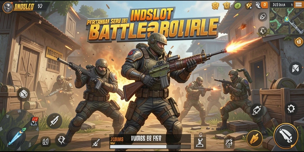 Screenshot utama INDSLOT menampilkan aksi seru dalam pertarungan Battle Royale.