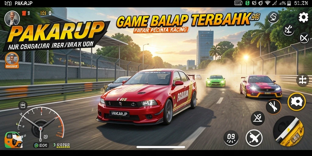 Tangkapan layar dari gameplay mendebarkan dalam PAKARJP dengan mobil balap yang cepat.